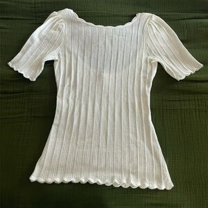 Sezane Cream Colored Scalloped Elbow Length Boatneck Jumper Top